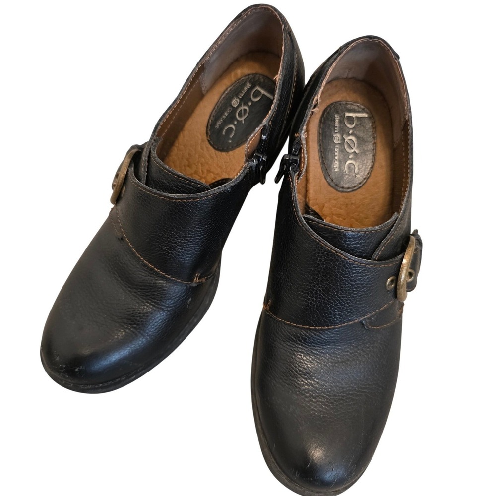 b.o.c. Born Concept Black Leather Heeled Clogs Buckle Detail Women's Shoes 7